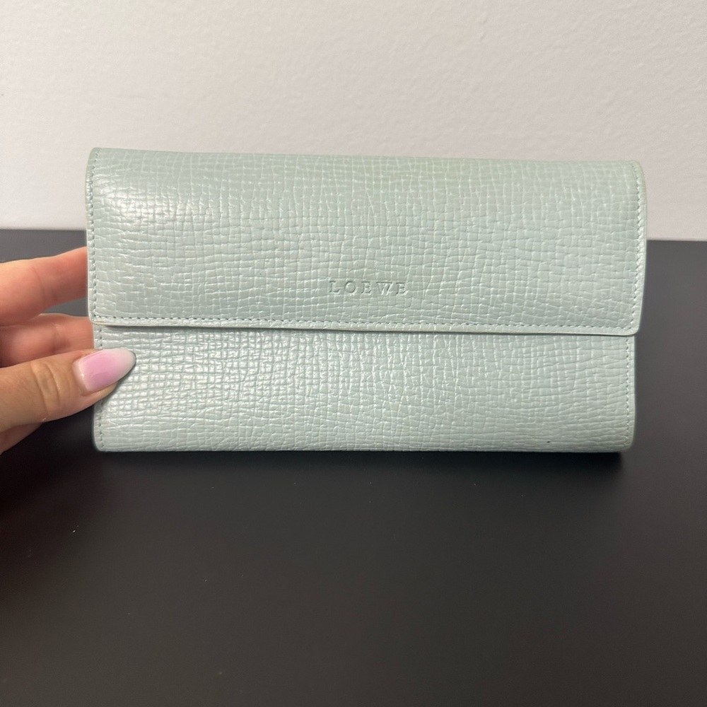 Loewe Light Blue Textured Wallet W Cream Piping. Great Condition W Chain. 💯 Auth